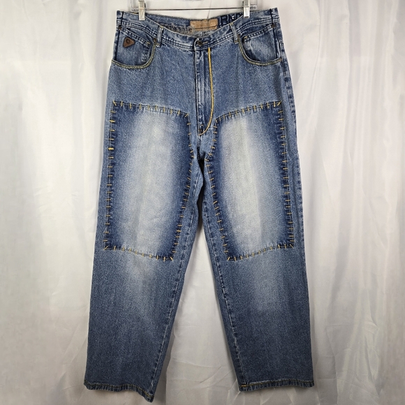 Akademiks Other - Vintage Y2K Akademiks Loose Fit Baggy Wide Leg Patchwork Denim Jeans Men Size 38
